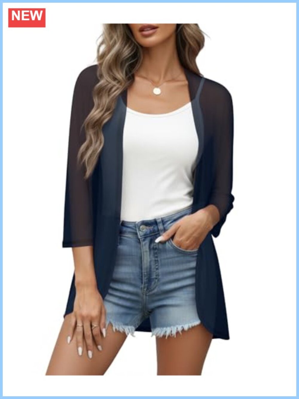 Sheer Mesh Cardigan Beach Cover Up 3/4 Sleeve Open Front Swim Coverup